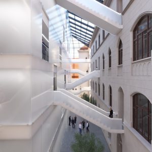 Az új épület és a Fellner-épület találkozása